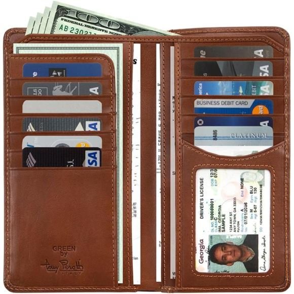Mens Long Bifold Checkbook Cover Wallet Multi Card Pocket Holder Italian Leather - Picture 1 of 6